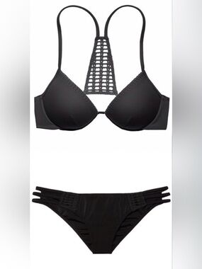 VICTORIA’S SECRET “The Fabulous” Black Push-Up Crochet Bikini